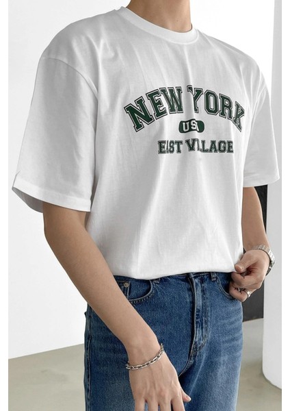 Erkek New York Baskılı Beyaz Oversize T-Shirt