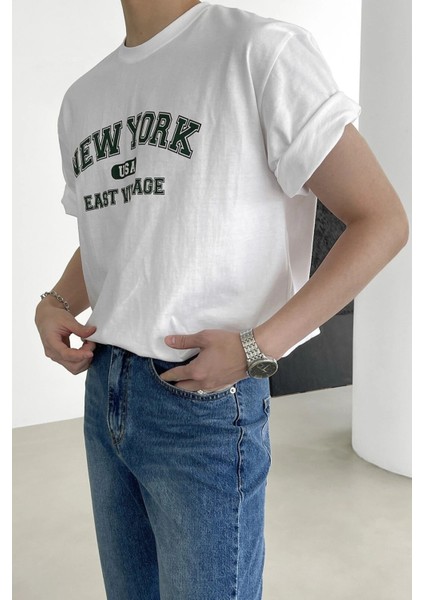 Erkek New York Baskılı Beyaz Oversize T-Shirt