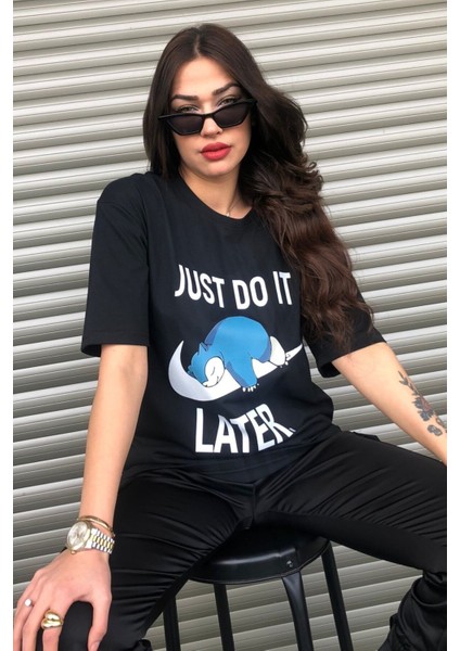 Unisex Siyah Bisiklet Yaka Baskılı Oversize Kadın T-Shirt