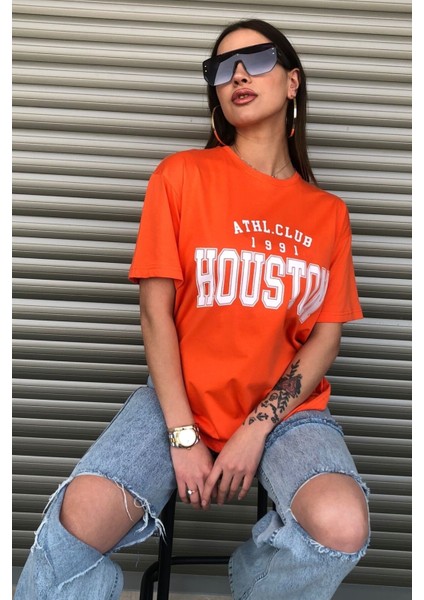 Kadın Houston Baskılı Oversize T-Shirt Turuncu