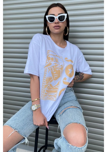 Kadın Star Platina Jojo Baskılı Oversize T-Shirt