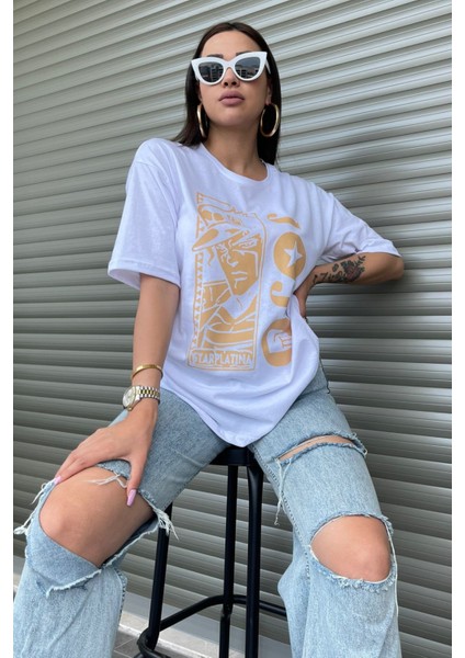 Kadın Star Platina Jojo Baskılı Oversize T-Shirt