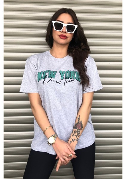 New York Dream Team Logolu Gri Oversize T-Shirt