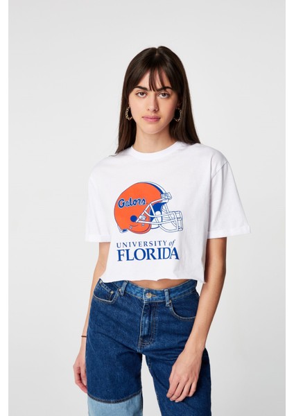 Kadın Florida Baskılı Oversize Beyaz T-Shirt