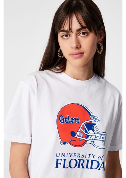 Kadın Florida Baskılı Oversize Beyaz T-Shirt