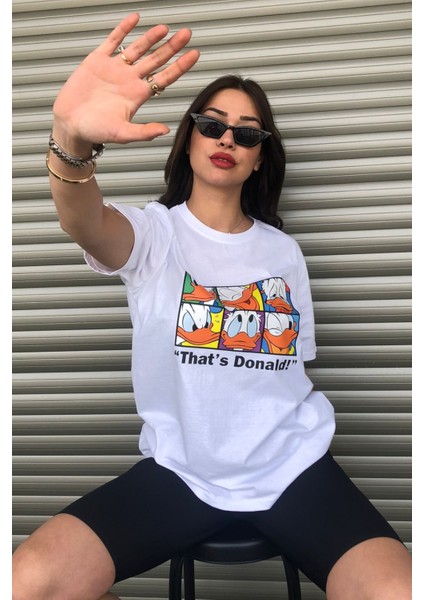 Kadın Donald Duck Baskılı Oversize Beyaz T-Shirt