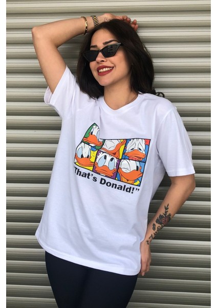 Kadın Donald Duck Baskılı Oversize Beyaz T-Shirt