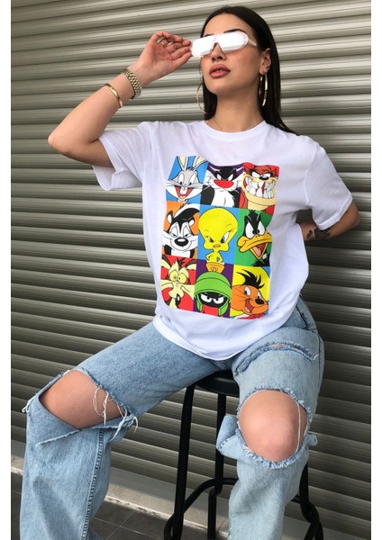 Bugs Bunny Çizgi Film Karakterleri Baskılı Oversize Beyaz T-Shirt