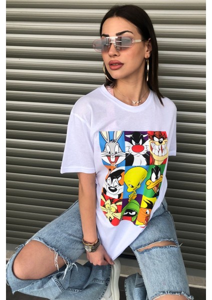 Bugs Bunny Çizgi Film Karakterleri Baskılı Oversize Beyaz T-Shirt