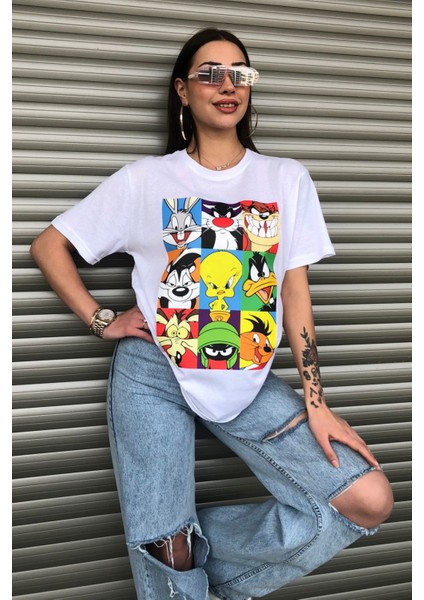 Bugs Bunny Çizgi Film Karakterleri Baskılı Oversize Beyaz T-Shirt