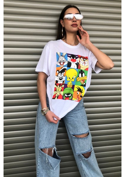 Bugs Bunny Çizgi Film Karakterleri Baskılı Oversize Beyaz T-Shirt