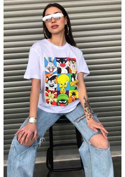 Bugs Bunny Çizgi Film Karakterleri Baskılı Oversize Beyaz T-Shirt