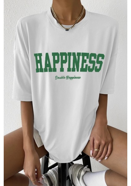 Kadın Oversize Hapiness Baskılı Beyaz T-Shirt