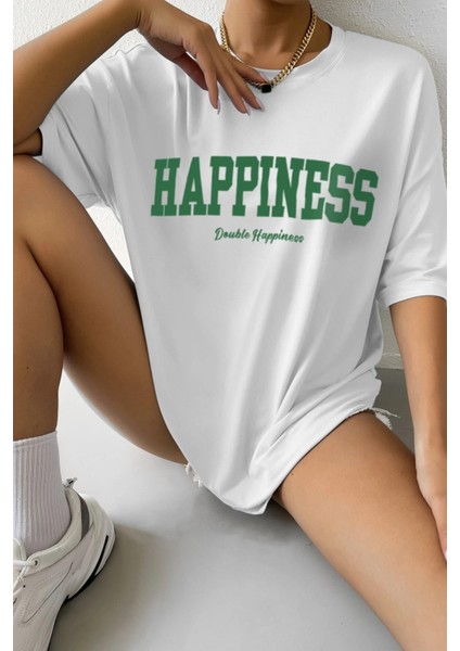 Kadın Oversize Hapiness Baskılı Beyaz T-Shirt