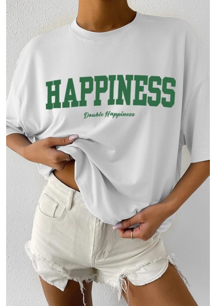 Kadın Oversize Hapiness Baskılı Beyaz T-Shirt