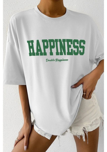 Kadın Oversize Hapiness Baskılı Beyaz T-Shirt