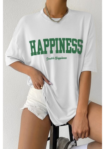 Kadın Oversize Hapiness Baskılı Beyaz T-Shirt