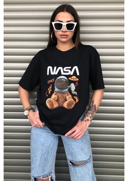 Oversize Nasa Ayıcık Baskılı Unisex Siyah T-Shirt