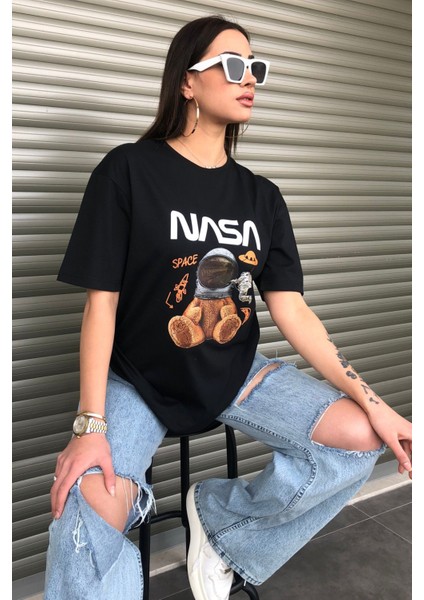 Oversize Nasa Ayıcık Baskılı Unisex Siyah T-Shirt