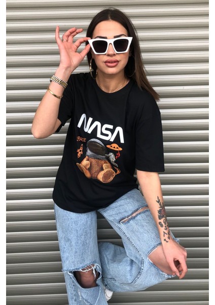 Oversize Nasa Ayıcık Baskılı Unisex Siyah T-Shirt