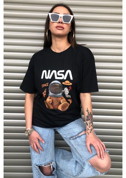 Oversize Nasa Ayıcık Baskılı Unisex Siyah T-Shirt