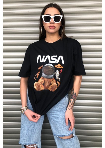 Oversize Nasa Ayıcık Baskılı Unisex Siyah T-Shirt