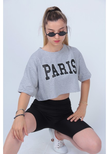 Kadın Gri Paris Baskılı Crop T-Shirt