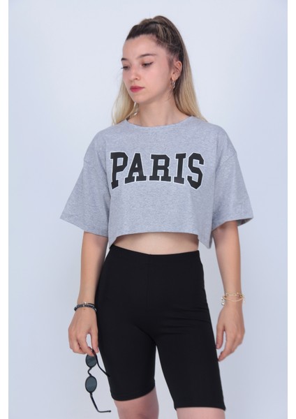 Kadın Gri Paris Baskılı Crop T-Shirt