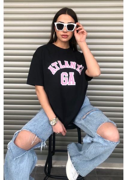 Kadın Atlanta Pembe Yazı Baskılı Oversize T-Shirt