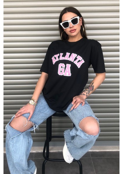 Kadın Atlanta Pembe Yazı Baskılı Oversize T-Shirt