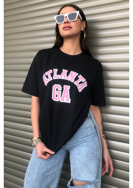 Kadın Atlanta Pembe Yazı Baskılı Oversize T-Shirt