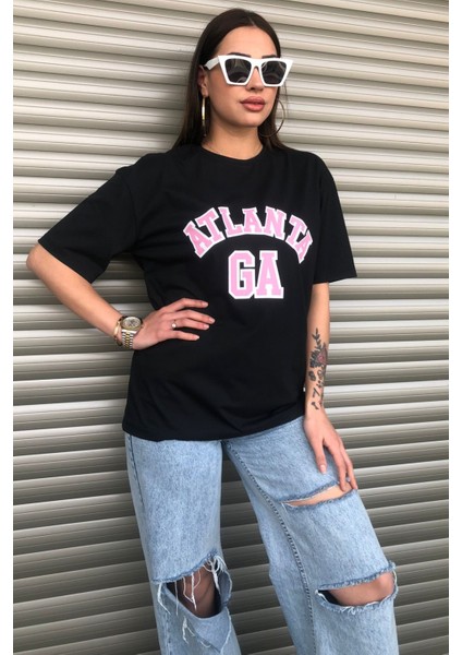 Kadın Atlanta Pembe Yazı Baskılı Oversize T-Shirt