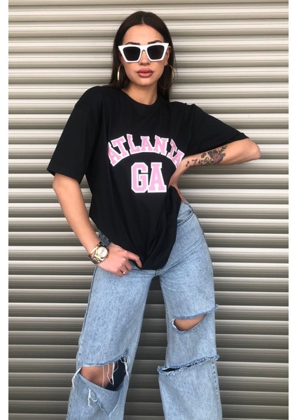 Kadın Atlanta Pembe Yazı Baskılı Oversize T-Shirt