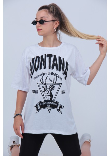 Kadın Beyaz Montana Baskılı Oversize T-Shirt