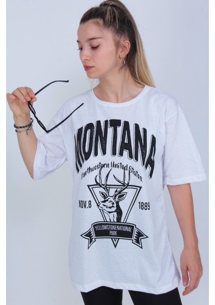 Kadın Beyaz Montana Baskılı Oversize T-Shirt