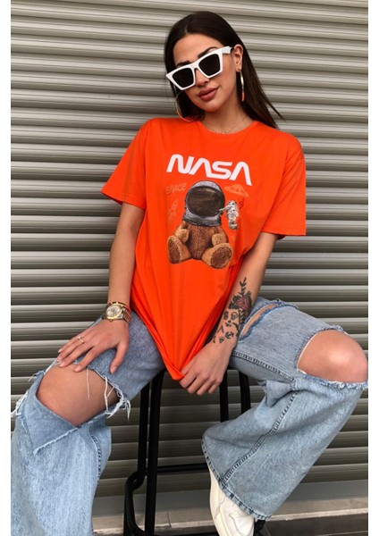 Oversize Nasa Ayıcık Baskılı Unisex Turuncu T-Shirt