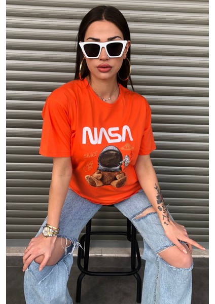 Oversize Nasa Ayıcık Baskılı Unisex Turuncu T-Shirt