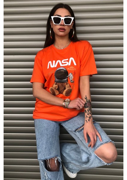 Oversize Nasa Ayıcık Baskılı Unisex Turuncu T-Shirt