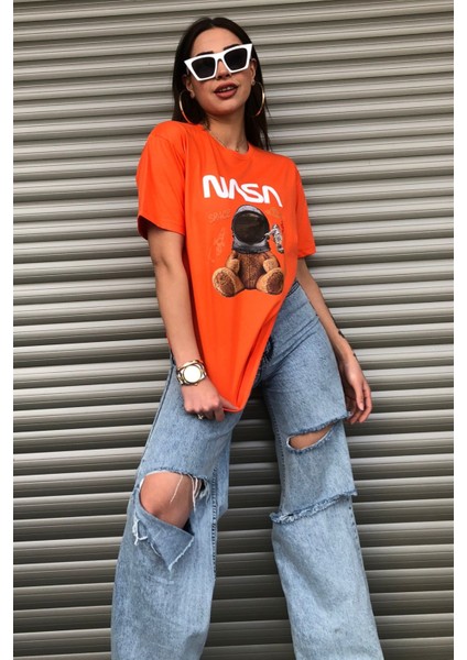 Oversize Nasa Ayıcık Baskılı Unisex Turuncu T-Shirt