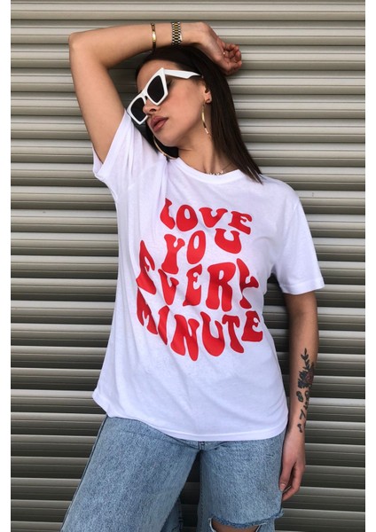 Love You Ever Baskılı Beyaz Logo Oversize T-Shirt