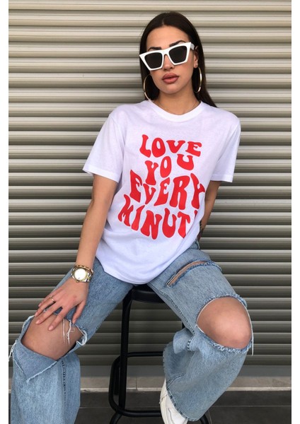 Love You Ever Baskılı Beyaz Logo Oversize T-Shirt