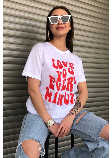 Love You Ever Baskılı Beyaz Logo Oversize T-Shirt