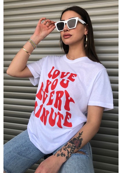 Love You Ever Baskılı Beyaz Logo Oversize T-Shirt