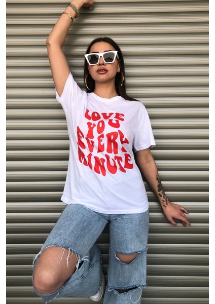 Love You Ever Baskılı Beyaz Logo Oversize T-Shirt