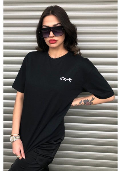 Ön Arka Baskılı Oversize Siyah T-Shirt