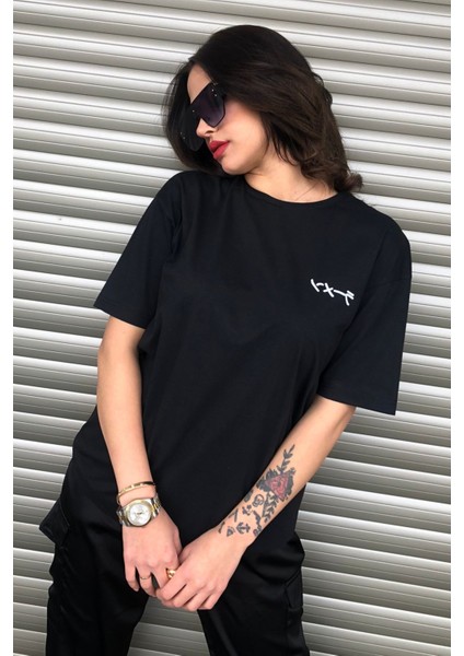 Ön Arka Baskılı Oversize Siyah T-Shirt