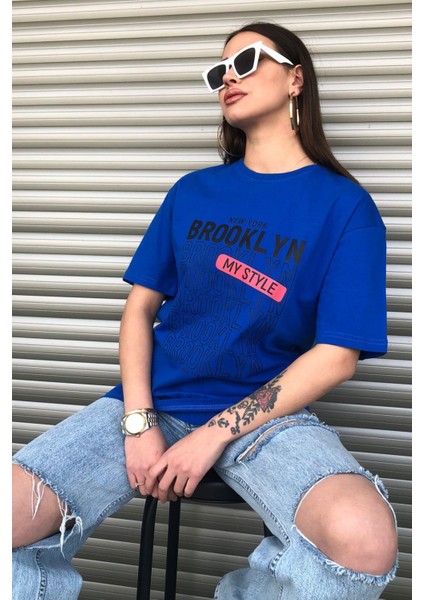 Kadın Brooklyn Newyork Baskılı Oversize Sax Mavi T-Shirt