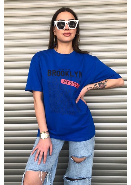 Kadın Brooklyn Newyork Baskılı Oversize Sax Mavi T-Shirt