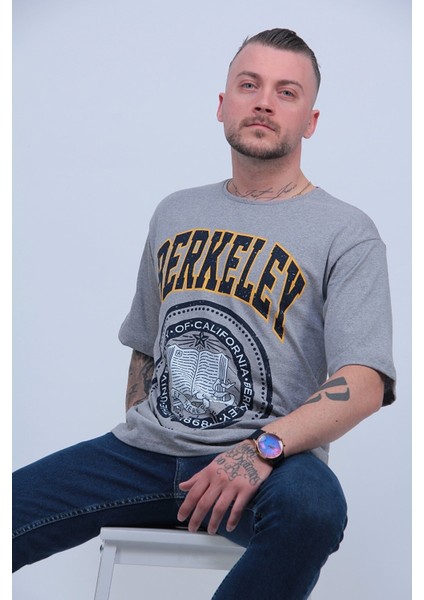 Erkek Gri Berkeley Logo Baskılı Oversize T-Shirt