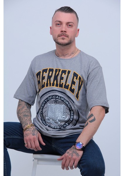 Erkek Gri Berkeley Logo Baskılı Oversize T-Shirt